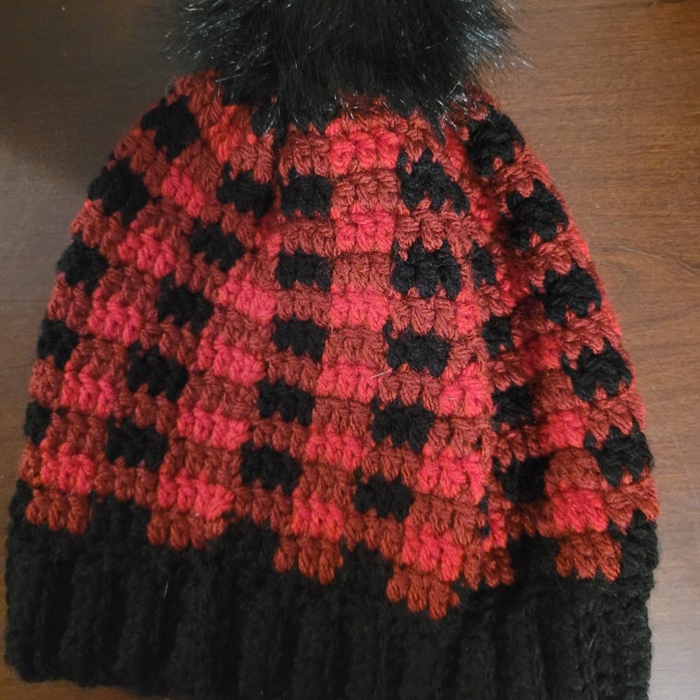 Handmade Buffalo Plaid Crochet Beanie with Faux Fur Pom